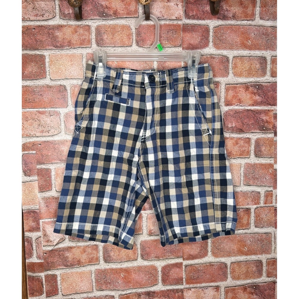 GapKids Boys Size 8 Slim Plaid Shorts Navy Blue Tan White Flat Front Adjustable